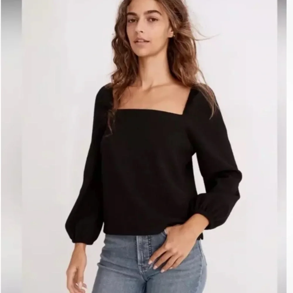 Madewell Sz S Crepe Square Neck Puff Sleeve Top Black Polyester Off Shoulder
